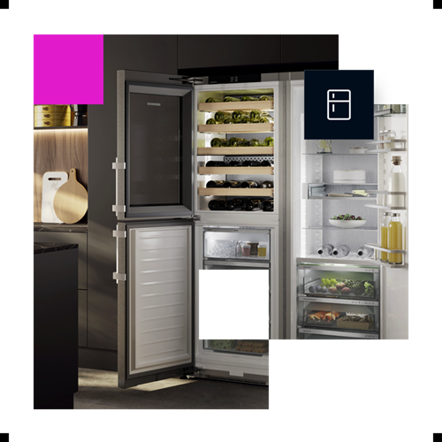 Modern kitchen with wine cooler and refrigerator open.