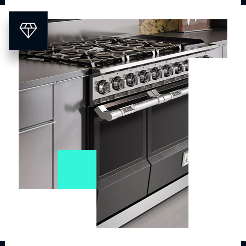 Stainless steel stove and oven with multiple burners and control knobs.