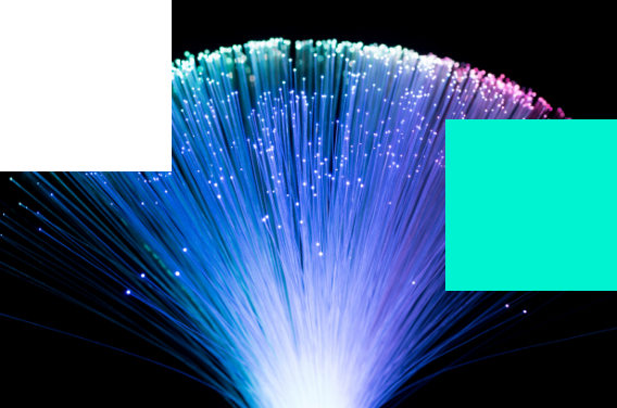 Bundle of glowing optical fibers in blue, purple, and pink.