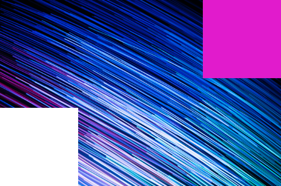 Dynamic blue and purple light streaks with magenta and black squares overlay.