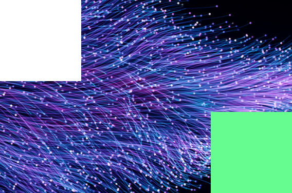 Abstract blue and pink flowing lines with black and green rectangles overlay.