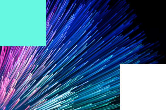 Radiating blue and pink fiber optic light streaks with cyan and black blocks overlay.