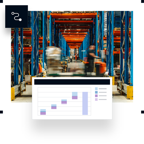 Warehouse aisle with tall storage racks and blurred workers, overlaid with a data dashboard showing charts.