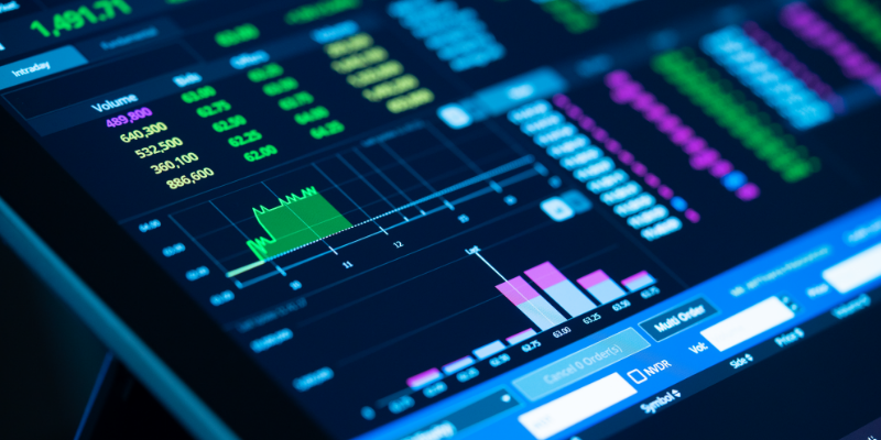 a digital analytics dashboard with charts and graphs on a dark screen.