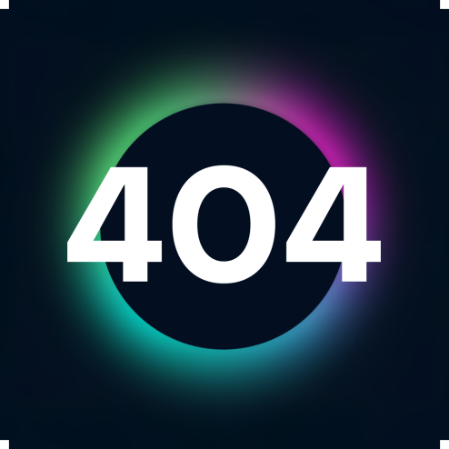 Stylized 404 error with glowing gradient ring.