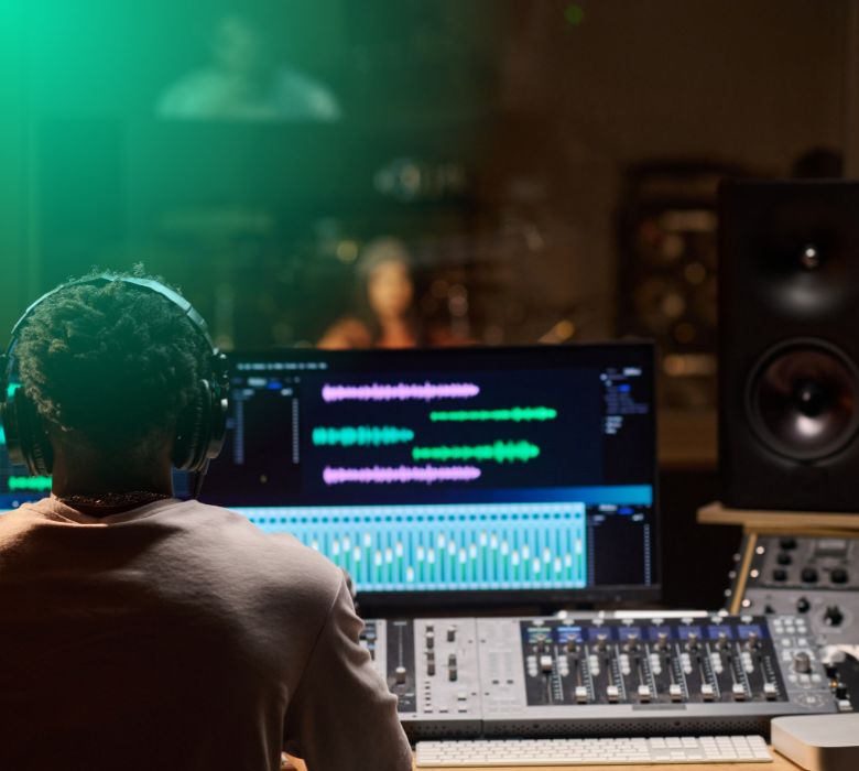 Person editing audio at mixing console with monitor showing waveforms.